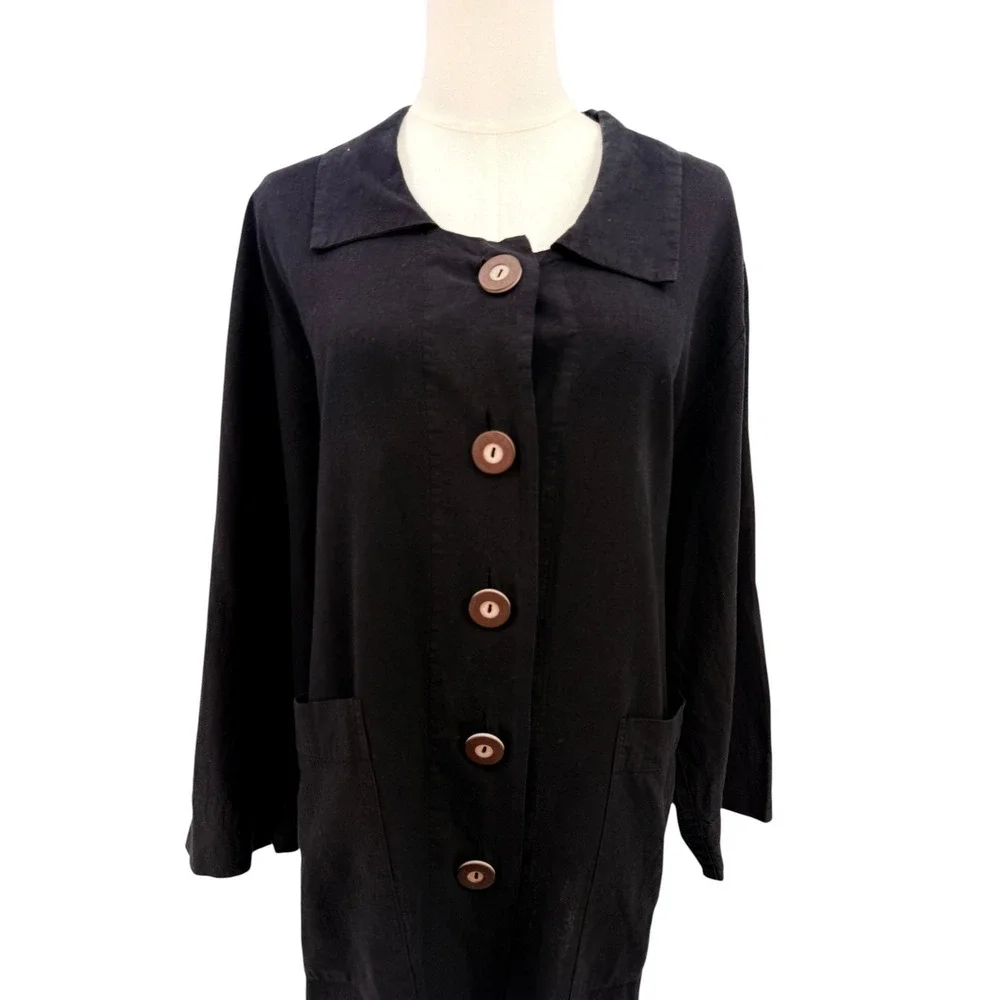 Habitat Womens Jacket Black Hemp Organic Cotton Button‎ Down  Lagenlook  XL